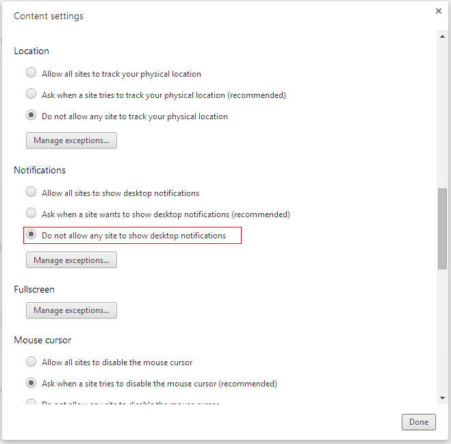 disable chrome notification sent by websites